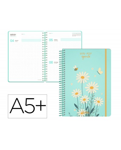 Agenda escolar liderpapel 26 27 espiral flowers dia pagina a5 bilingue 80g papel fsc azul