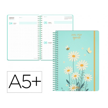 Agenda escolar liderpapel 26 27 espiral flowers dia pagina a5 bilingue 80g papel fsc azul