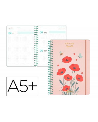 Agenda escolar liderpapel 26 27 espiral flowers dia pagina a5 bilingue 80g papel fsc rojo