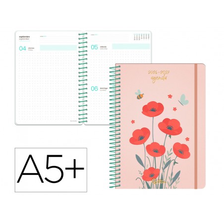 Agenda escolar liderpapel 26 27 espiral flowers dia pagina a5 bilingue 80g papel fsc rojo
