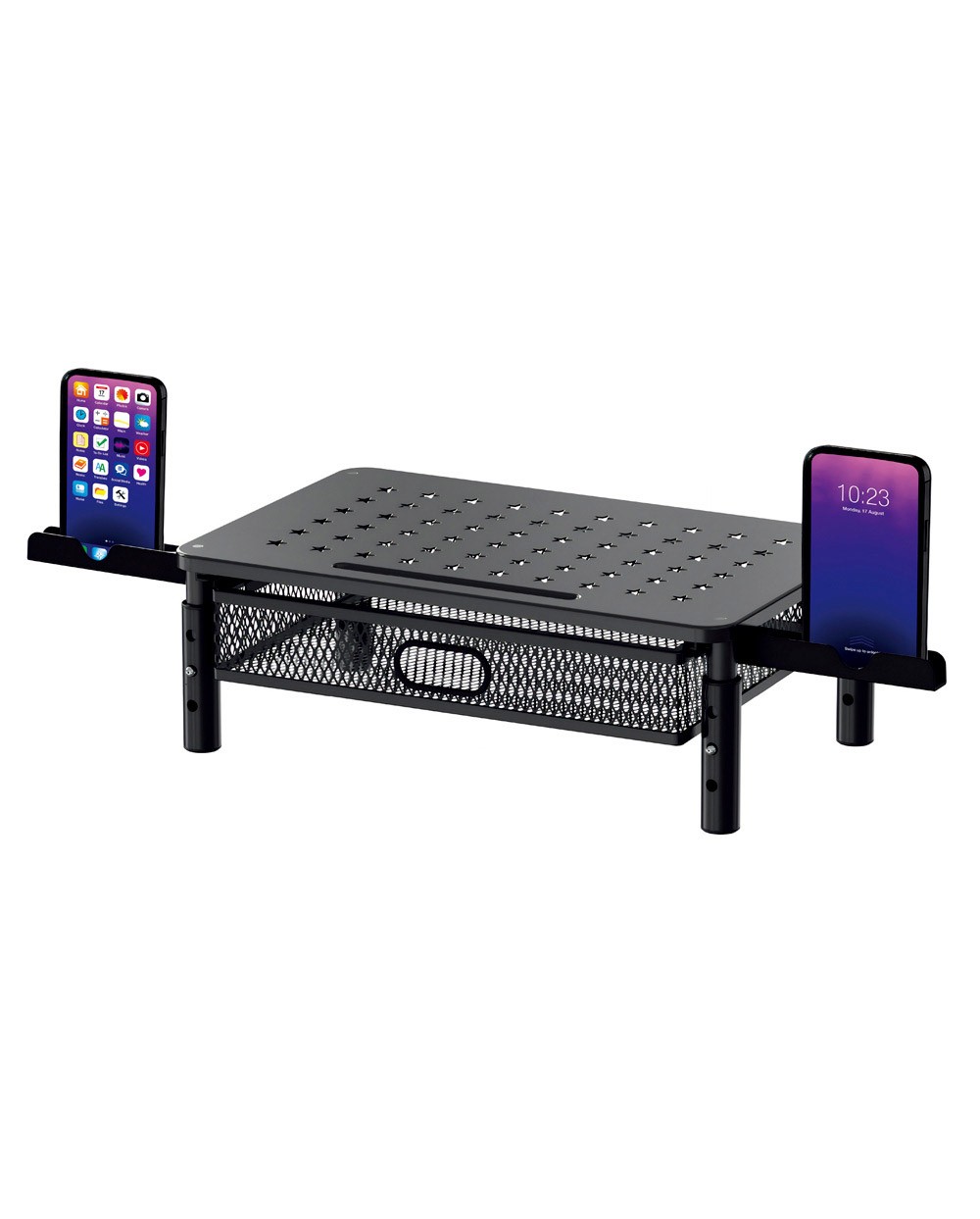 Soporte q connect para monitor metalico regulable en altura con cajon y dos soportes para movil