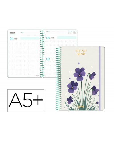 Agenda escolar liderpapel 26 27 espiral flowers dia pagina a5 bilingue 80g papel fsc blanco