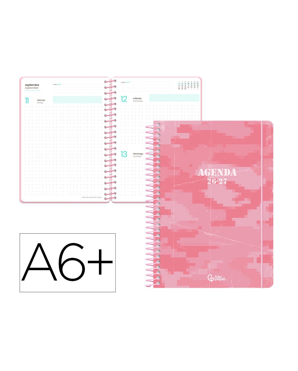 Agenda escolar liderpapel 26 27 espiral military dia pagina a6 bilingue 80g papel fsc rosa