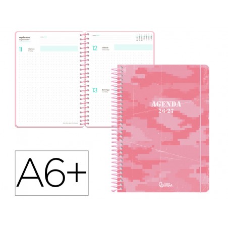 Agenda escolar liderpapel 26 27 espiral military dia pagina a6 bilingue 80g papel fsc rosa