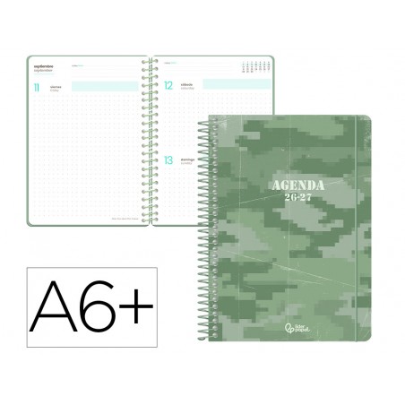 Agenda escolar liderpapel 26 27 espiral military dia pagina a6 bilingue 80g papel fsc verde militar