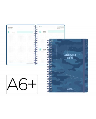 Agenda escolar liderpapel 26 27 espiral military dia pagina a6 bilingue 80g papel fsc azul