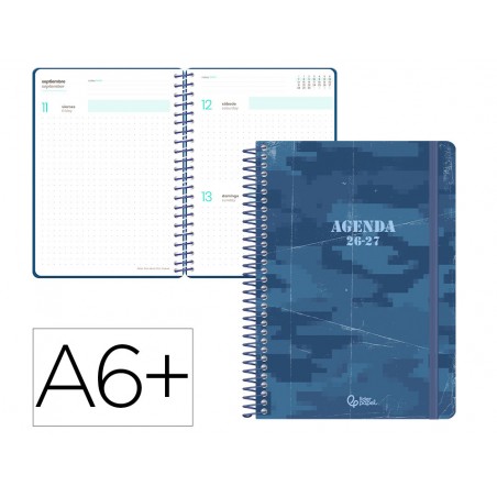 Agenda escolar liderpapel 26 27 espiral military dia pagina a6 bilingue 80g papel fsc azul