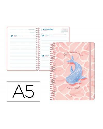 Agenda escolar liderpapel 26 27 espiral save planet dia pagina a5 bilingue 80g papel fsc rosa