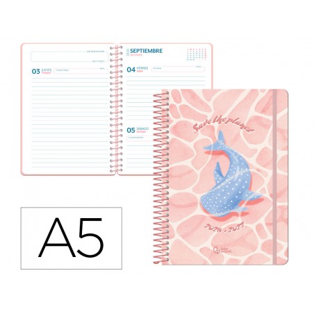 Agenda escolar liderpapel 26 27 espiral save planet dia pagina a5 bilingue 80g papel fsc rosa