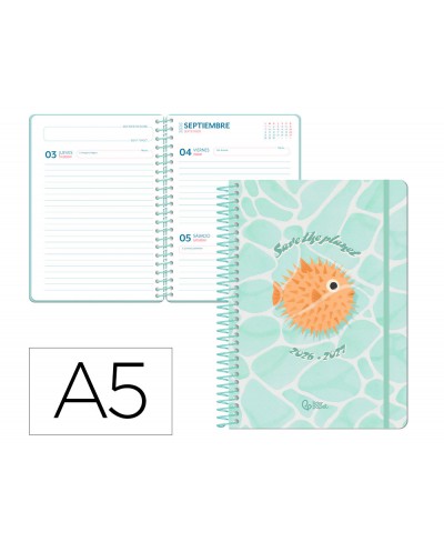 Agenda escolar liderpapel 26 27 espiral save planet dia pagina a5 bilingue 80g papel fsc azul