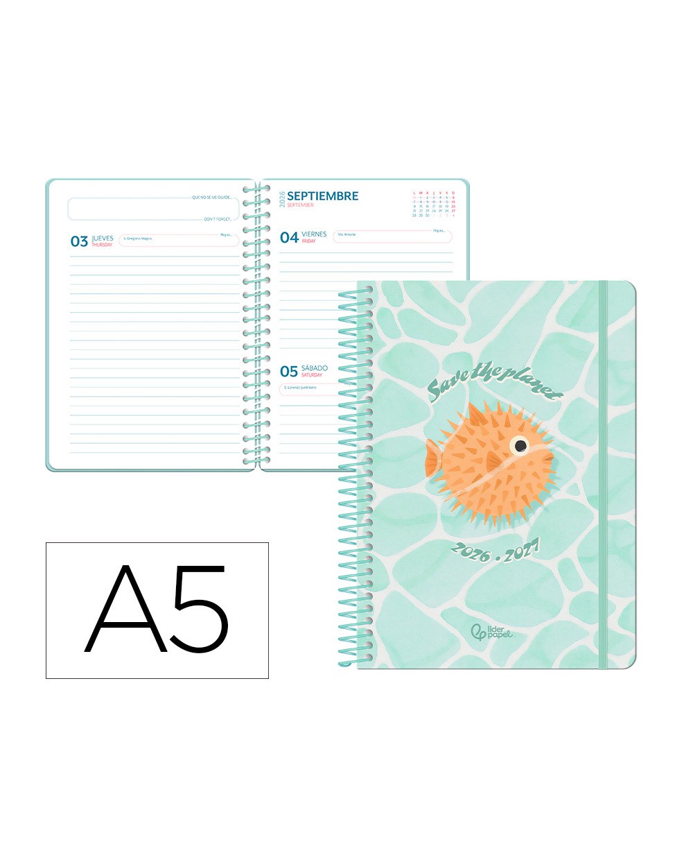Agenda escolar liderpapel 26 27 espiral save planet dia pagina a5 bilingue 80g papel fsc azul