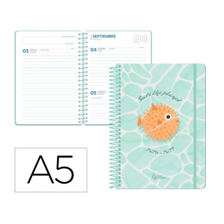 Agenda escolar liderpapel 26 27 espiral save planet dia pagina a5 bilingue 80g papel fsc azul