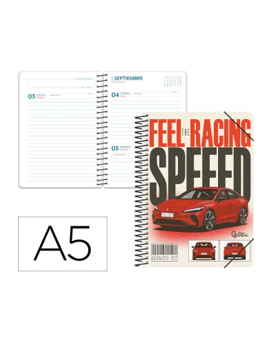 Agenda escolar liderpapel 26 27 espiral cars dia pagina a5 bilingue 80g papel fsc coche rojo