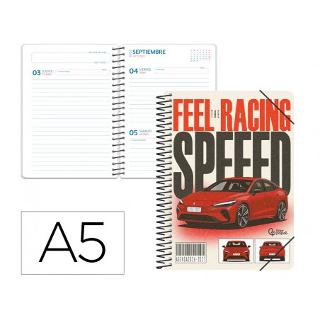 Agenda escolar liderpapel 26 27 espiral cars dia pagina a5 bilingue 80g papel fsc coche rojo