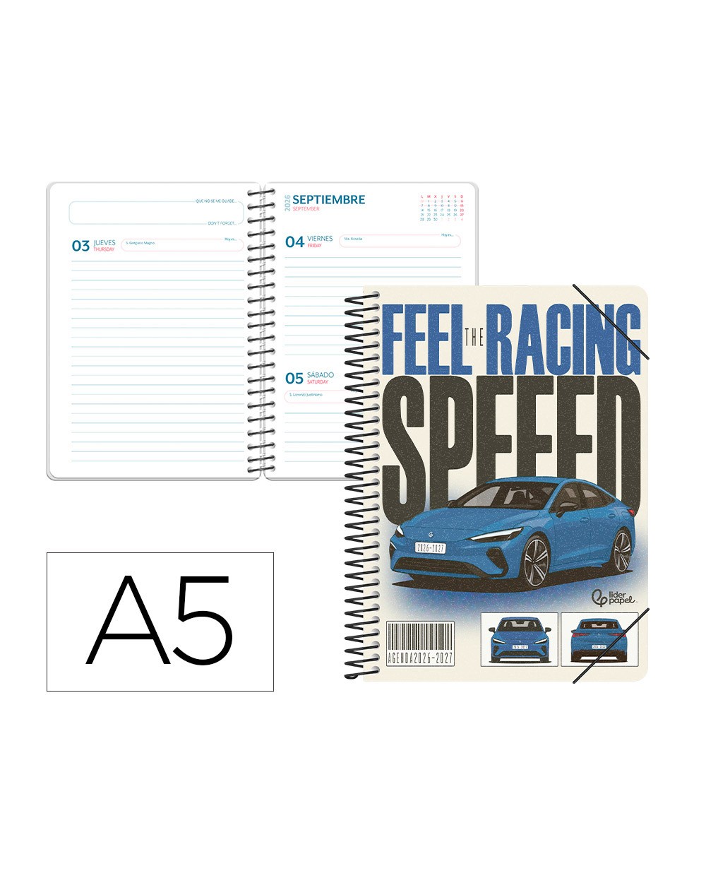 Agenda escolar liderpapel 26 27 espiral cars dia pagina a5 bilingue 80g papel fsc coche azul