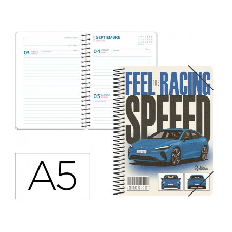 Agenda escolar liderpapel 26 27 espiral cars dia pagina a5 bilingue 80g papel fsc coche azul