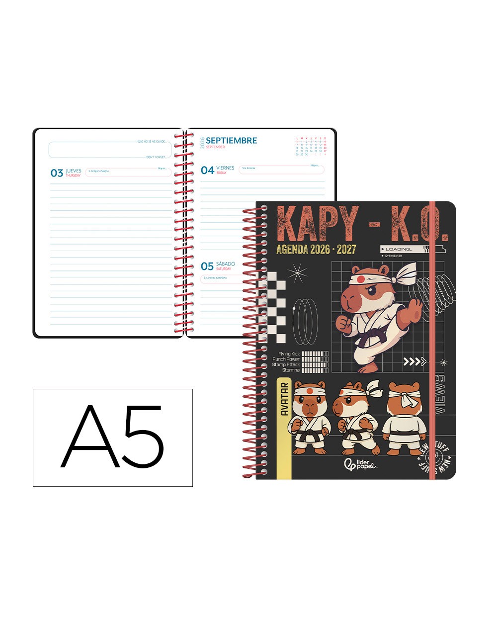 Agenda escolar liderpapel 26 27 espiral sports dia pagina a5 bilingue 80g papel fsc negro capibara