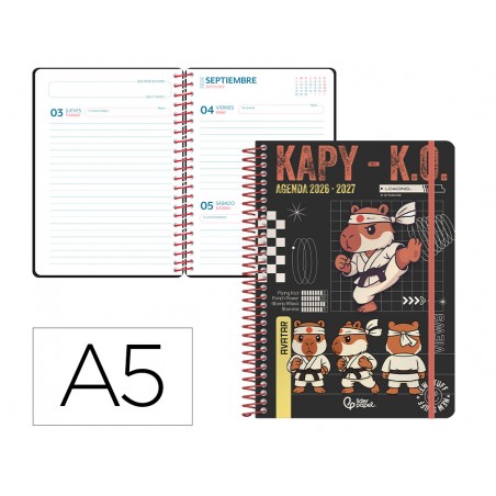 Agenda escolar liderpapel 26 27 espiral sports dia pagina a5 bilingue 80g papel fsc negro capibara