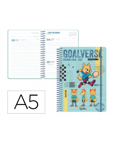Agenda escolar liderpapel 26 27 espiral sports dia pagina a5 bilingue 80g papel fsc azul perro