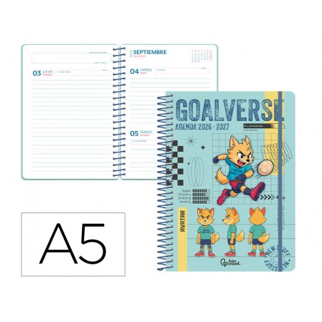 Agenda escolar liderpapel 26 27 espiral sports dia pagina a5 bilingue 80g papel fsc azul perro