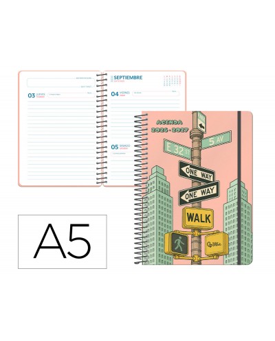 Agenda escolar liderpapel 26 27 espiral city rosa dia pagina a5 bilingue 80g papel fsc amarillo