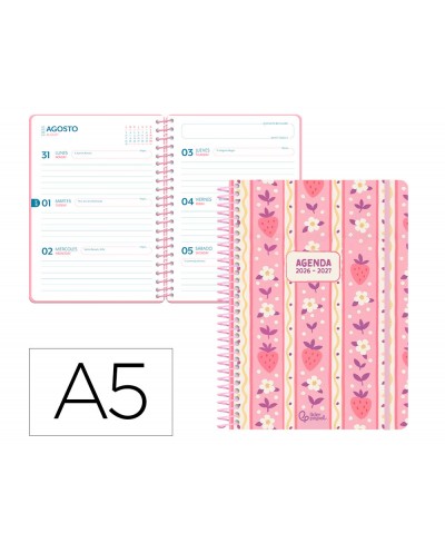 Agenda escolar liderpapel 26 27 espiral cottage semana vista a5 bilingue 80g papel fsc rosa fresas