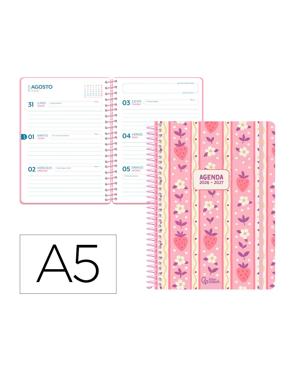 Agenda escolar liderpapel 26 27 espiral cottage semana vista a5 bilingue 80g papel fsc rosa fresas