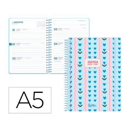Agenda escolar liderpapel 26 27 espiral cottage semana vista a5 bilingue 80g papel fsc azul corazones
