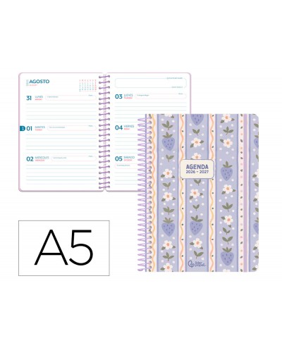 Agenda escolar liderpapel 26 27 espiral cottage semana vista a5 bilingue 80g papel fsc azul fresas