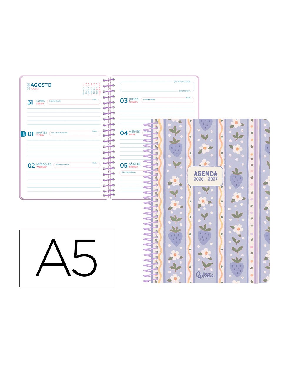 Agenda escolar liderpapel 26 27 espiral cottage semana vista a5 bilingue 80g papel fsc azul fresas