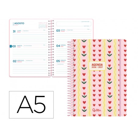 Agenda escolar liderpapel 26 27 espiral cottage semana vista a5 bilingue 80g papel fsc rosa corazones