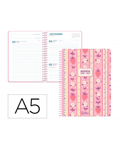 Agenda escolar liderpapel 26 27 espiral cottage a dia pagina a5 bilingue 80g papel fsc rosa fresas
