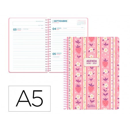 Agenda escolar liderpapel 26 27 espiral cottage a dia pagina a5 bilingue 80g papel fsc rosa fresas