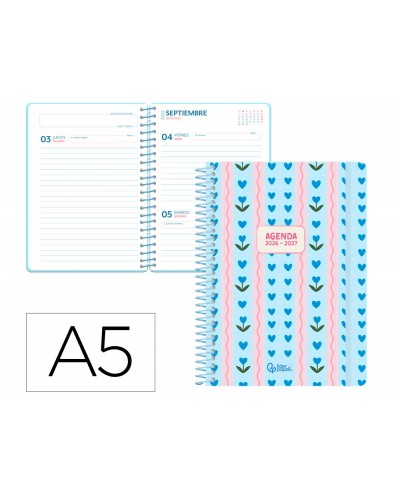 Agenda escolar liderpapel 26 27 espiral cottage dia pagina a5 bilingue 80g papel fsc azul corazones