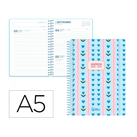 Agenda escolar liderpapel 26 27 espiral cottage dia pagina a5 bilingue 80g papel fsc azul corazones