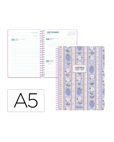 Agenda escolar liderpapel 26 27 espiral fantasy a dia pagina a5 bilingue 80g papel fsc azul fresas