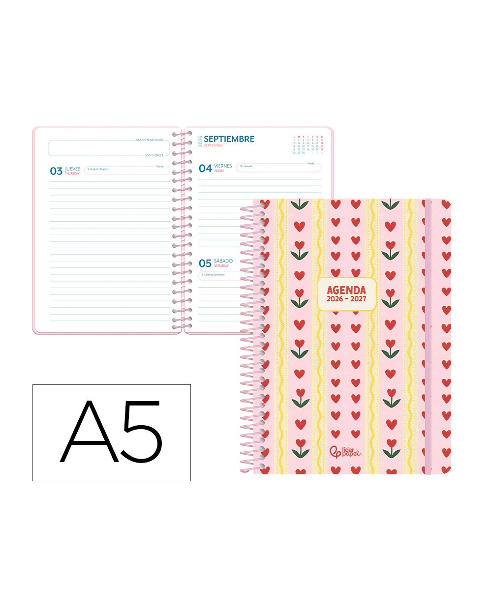 Agenda escolar liderpapel 26 27 espiral cottage dia pagina a5 bilingue 80g papel fsc rosa corazones