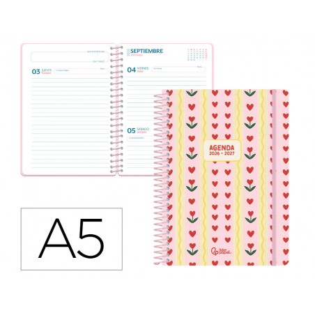 Agenda escolar liderpapel 26 27 espiral cottage dia pagina a5 bilingue 80g papel fsc rosa corazones