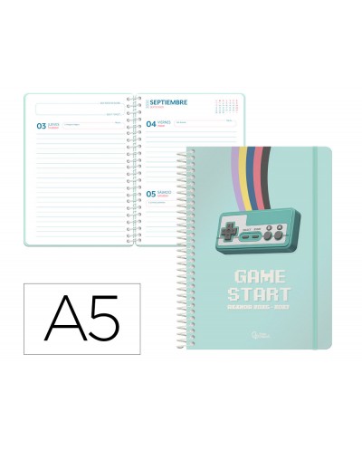 Agenda escolar liderpapel 26 27 espiral game on dia pagina a5 bilingue 80g papel fsc verde