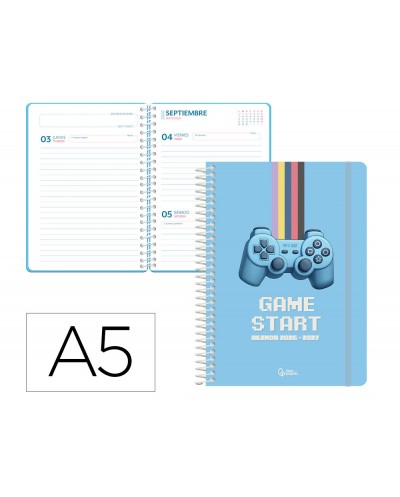 Agenda escolar liderpapel 26 27 espiral game on dia pagina a5 bilingue 80g papel fsc azul