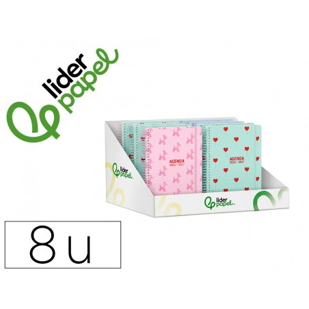 Agenda escolar liderpapel 26 27 espiral petite disenos surtidos bilingue 80g papel fsc expositor 8 unidades