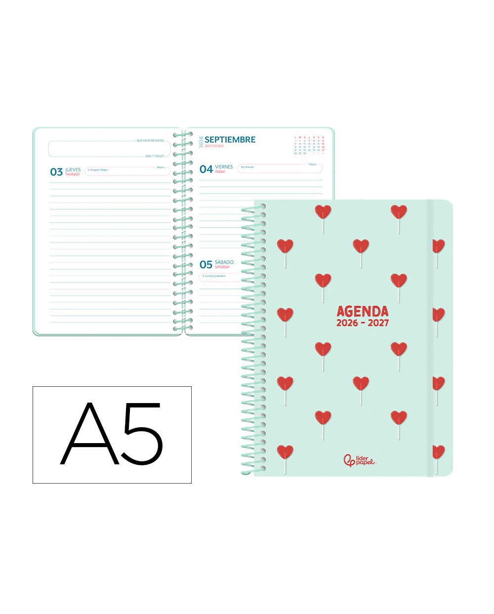 Agenda escolar liderpapel 26 27 espiral petite dia pagina a5 bilingue 80g papel fsc morado