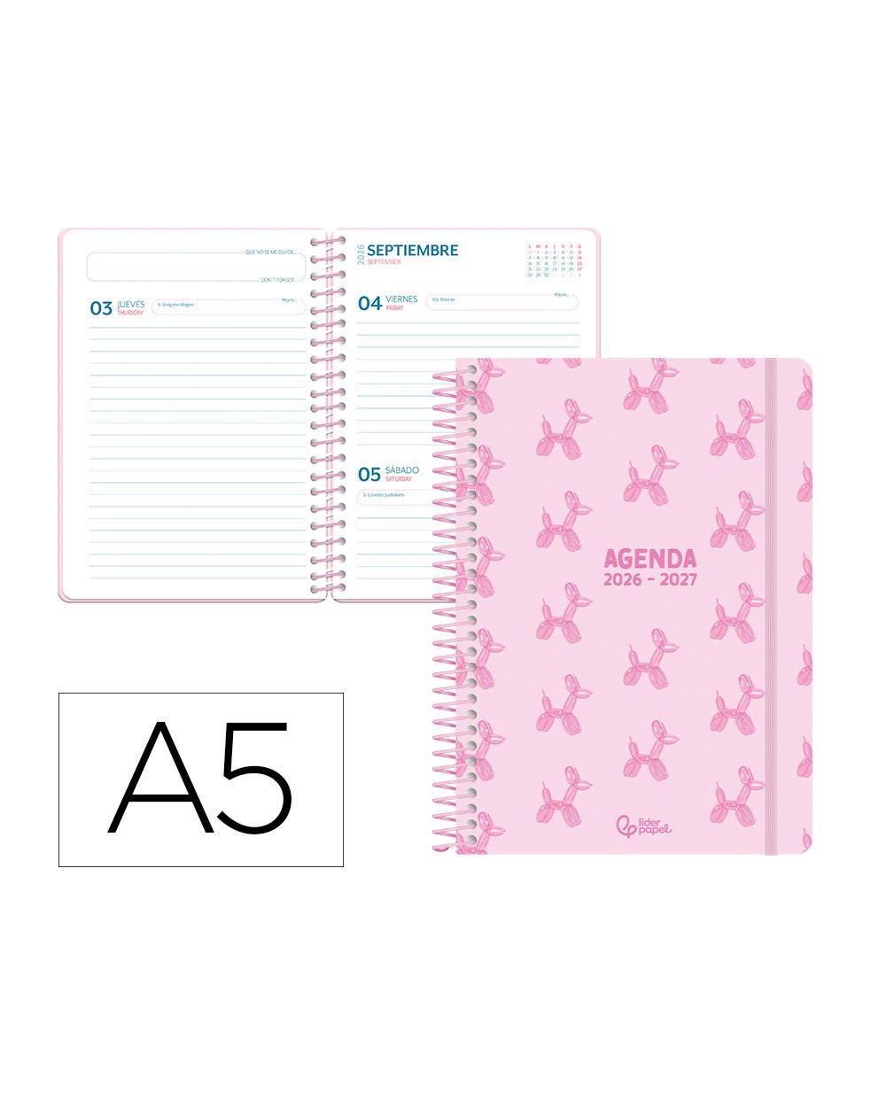Agenda escolar liderpapel 26 27 espiral petite dia pagina a5 bilingue 80g papel fsc rosa
