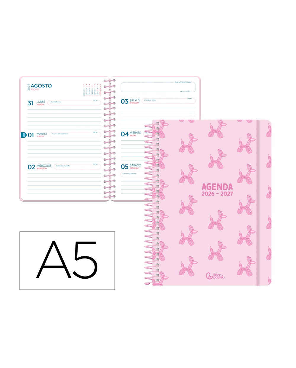 Agenda escolar liderpapel 26 27 espiral petite semana vista a5 bilingue 80g papel fsc rosa