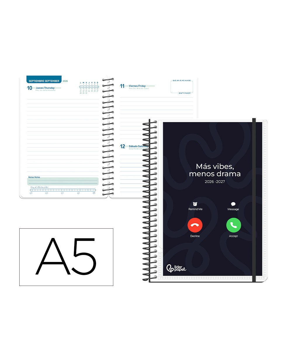 Agenda escolar liderpapel 26 27 espiral personalizable dia pagina a5 bilingue 70g papel fsc