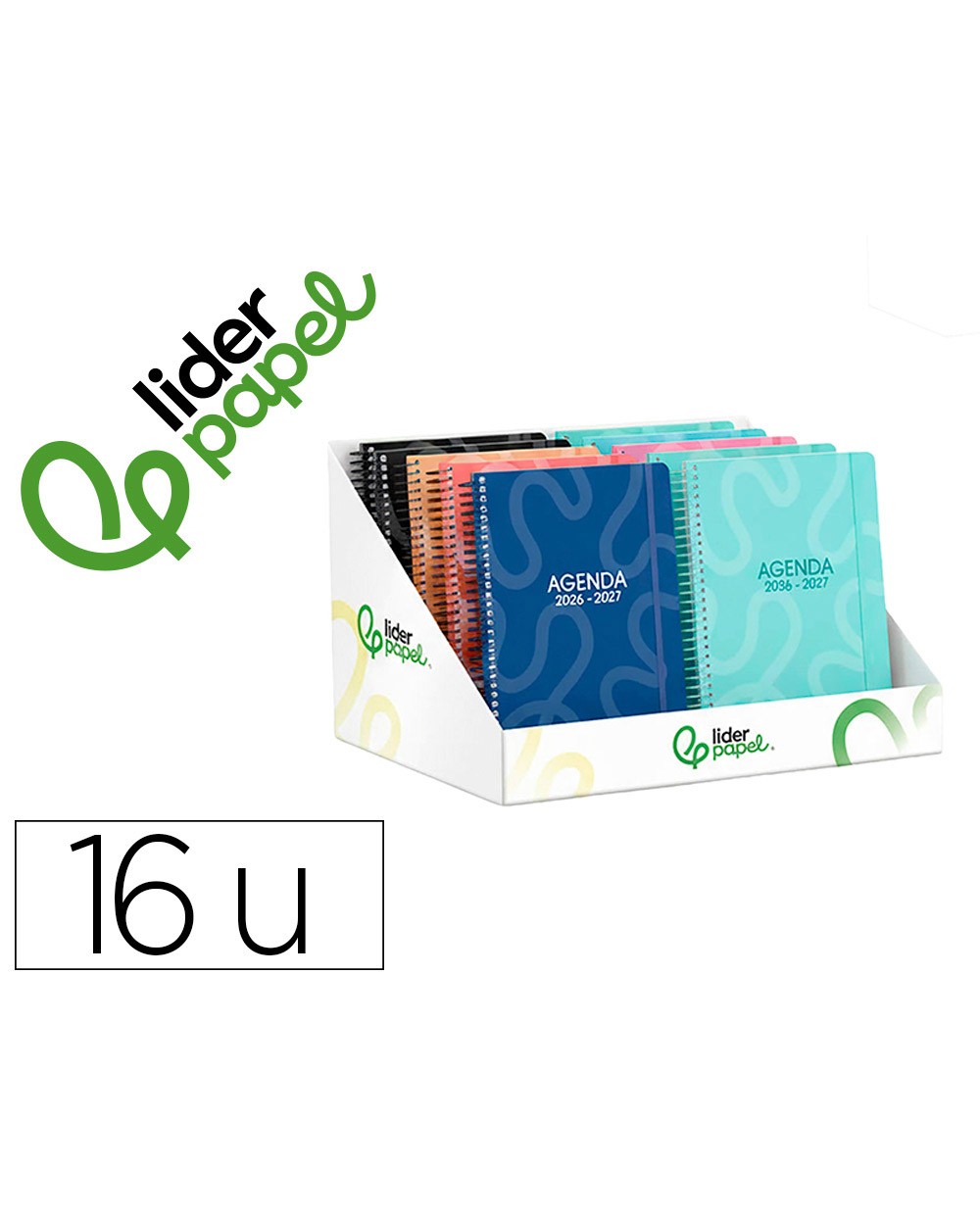 Agenda escolar liderpapel 26 27 espiral classic disenos surtidos bilingue 70g papel fsc expositor 16 unidades