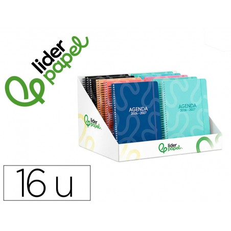 Agenda escolar liderpapel 26 27 espiral classic disenos surtidos bilingue 70g papel fsc expositor 16 unidades