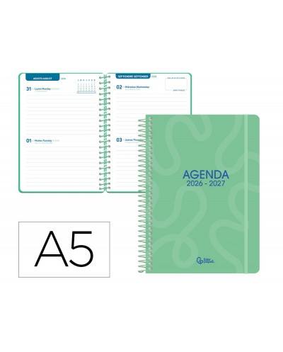 Agenda escolar liderpapel 26 27 espiral classic 2 dias pagina a5 bilingue 70g papel fsc verde