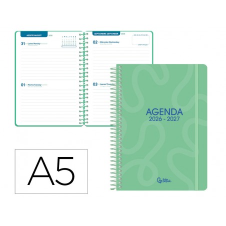 Agenda escolar liderpapel 26 27 espiral classic 2 dias pagina a5 bilingue 70g papel fsc verde