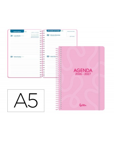 Agenda escolar liderpapel 26 27 espiral classic 2 dias pagina a5 bilingue 70g papel fsc rosa